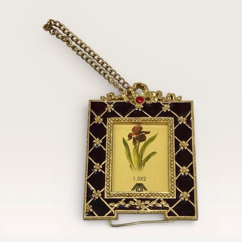 Vintage Mini Gold & Black Enameled Picture Frame with Red Accent  1.5
